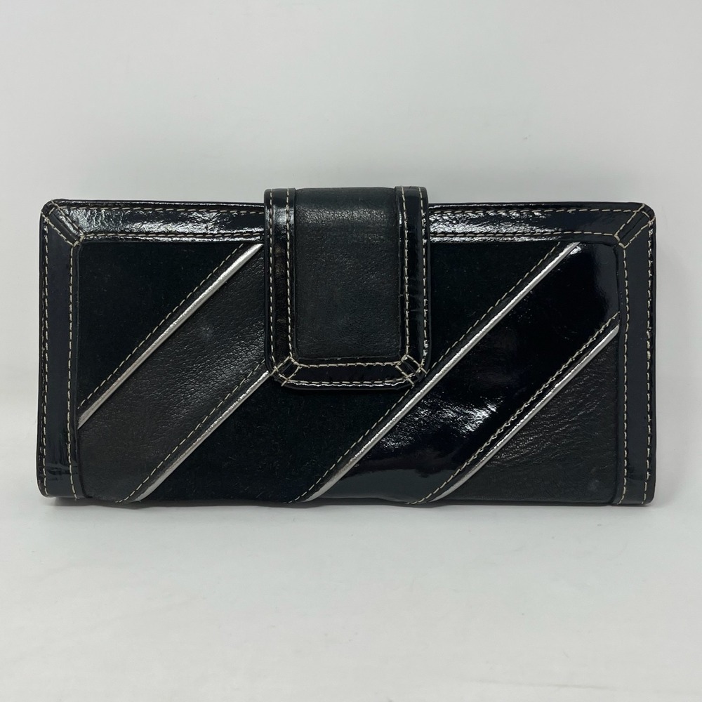 Vtg Fossil Black Diagonal Mixed Suede Patent Leather Bi‎ Fold Wallet Y2K Indie